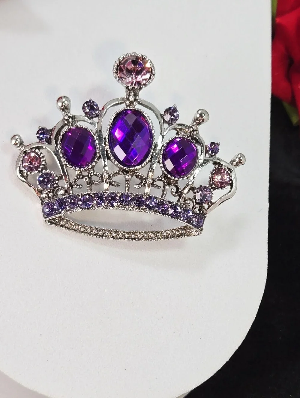 Purple Crown Brooch Royal Crystal Pin Silver Filigree Princess Glam Jewelry